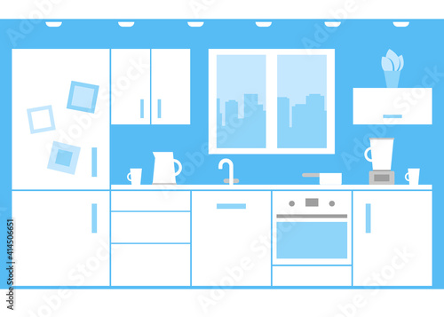 Interior of white kitchen at home with appliances and furniture. Kitchen wall with window, stove, cupboard, fridge and cooking area. Vector illustration
