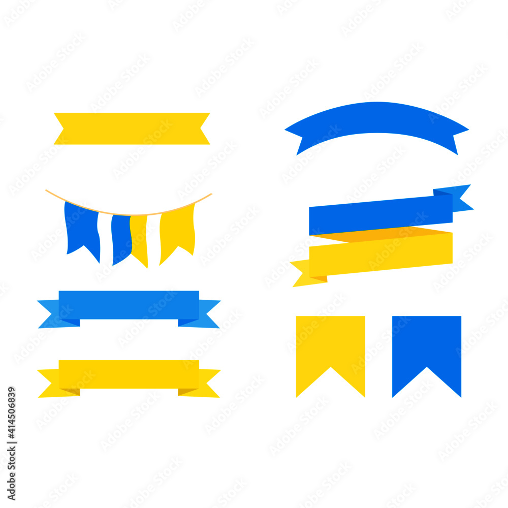 There are Ukrainian objects. Set of tape, ribbon, and flag isolated on a white background. There are Ukrainian objects. Set of tape, ribbon, and flag isolated on a white background.