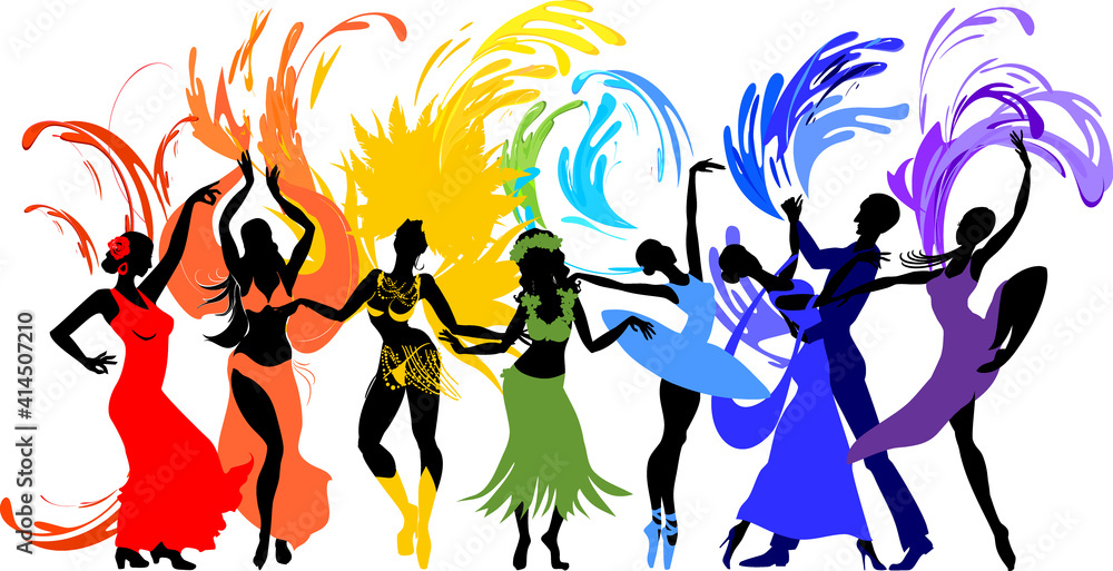 Various style dancing. Group of silhouettes of dancers of ballet, flamenco, oriental dance, hula, samba, waltz, contemporary and colorful fireworks isolated on white background Various style dancing. Group of silhouettes of dancers of ballet, flamenco, oriental dance, hula, samba, waltz, contemporary and colorful fireworks isolated on white background