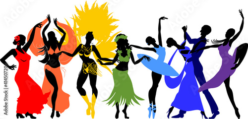 Various style dancing. Group of silhouettes of dancers of ballet, flamenco, oriental dance, hula, samba, waltz and contemporary isolated on white background