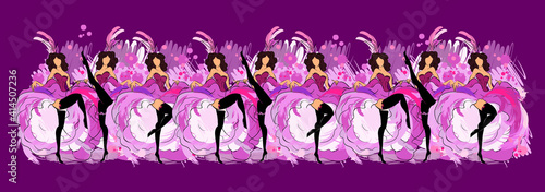 Cancan dancers in purple dresses in sketch style