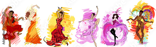Set of colorful sketches with flamenco, indian, oriental, cancan, samba and contemporary dancers