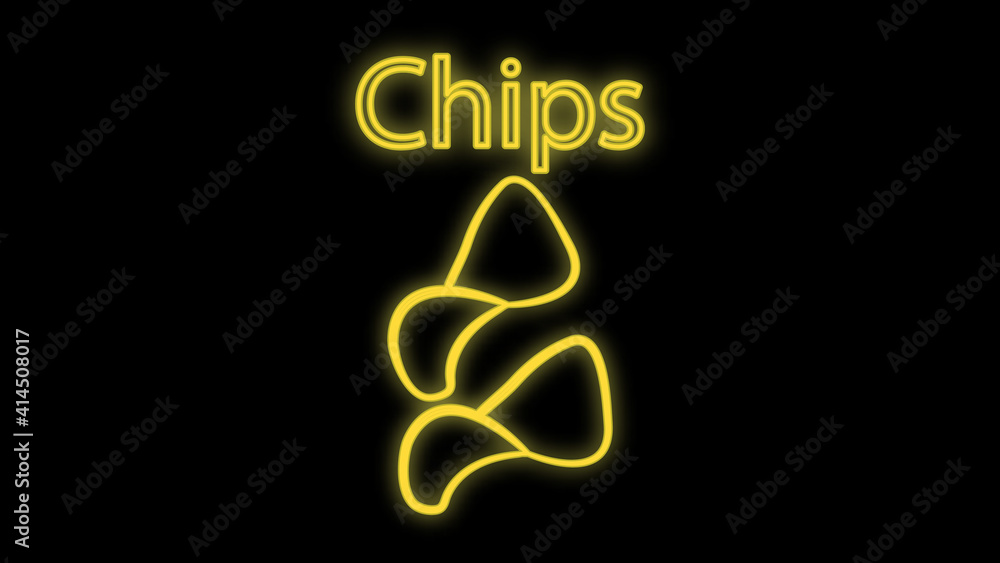 Chips packet neon sign. Glowing illustration of green packet with potato chips on dark blue brick background. Can be used for store, shops, supermarkets, advertisement Chips packet neon sign. Glowing illustration of green packet with potato chips on dark blue brick background. Can be used for store, shops, supermarkets, advertisement