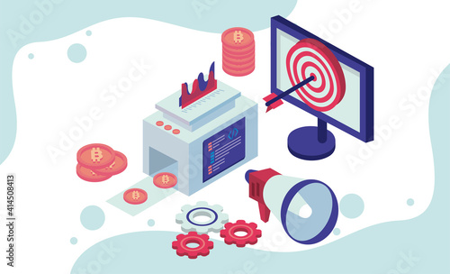 desktop and bitcoins machine with social media isometric set icons