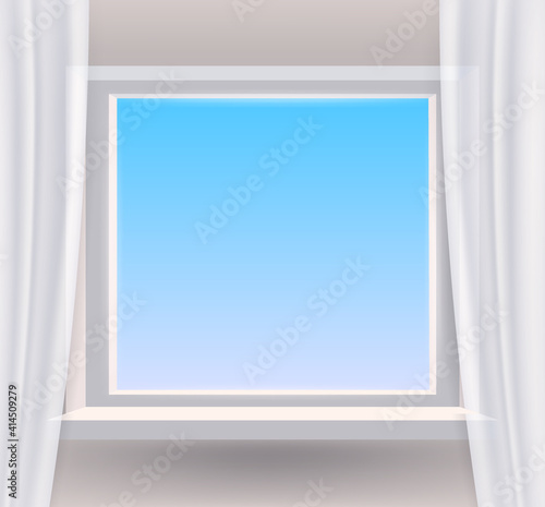 Window  view on blue sky  spring  interior  curtains. Vector illustration template realistic banner