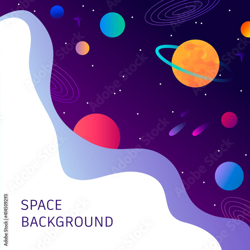 Purple background with planets and stars with space for text