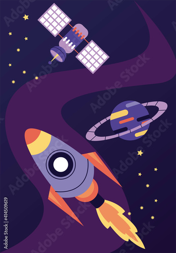 rocket and satellite with planet space scene