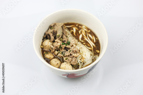 Thai boat noodles is Thailand's most famous noodles soup,Thai Boat noodles soup or Guay tiew reua ,Rice noodles thicken soup with stewed pork and pork ball, Braised pork and liver pork, 