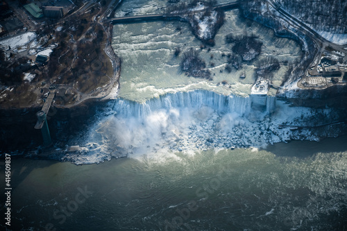 Aerial views of Niagara falls in winter