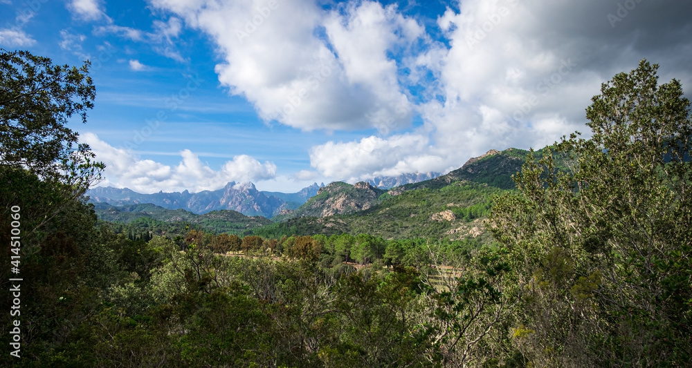 Beautiful view to a valley and the mountains of Bavella, Corse, France