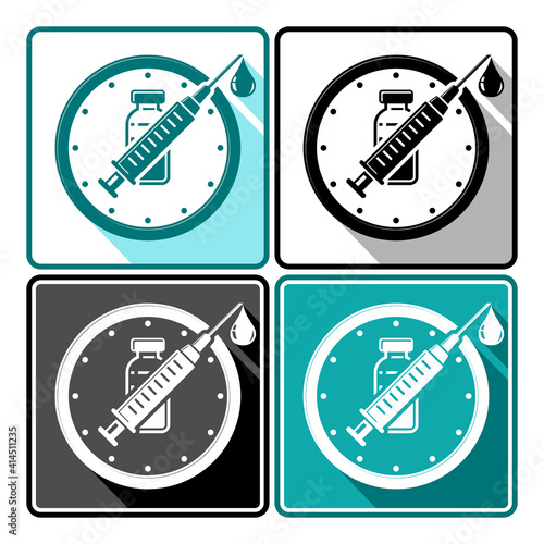 Time for vaccination icon. Clock dial with arrows in the form of a medical syringe and a bottle with a vaccine. Vector on transparent background