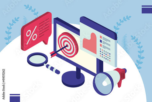 desktop and target with social media isometric set icons