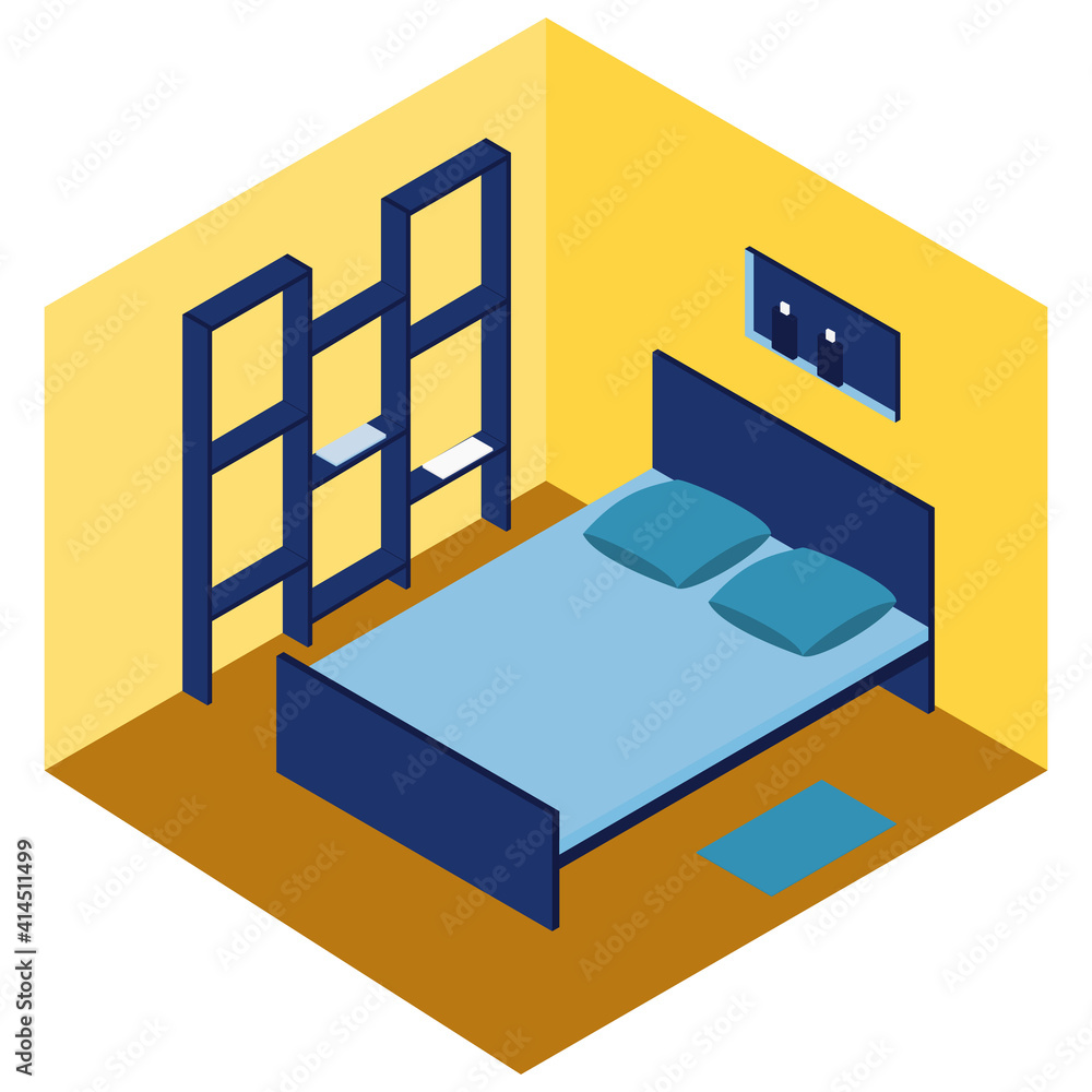 yellow bedroom with blue double bed with shelf and bottles, storage rack, isometric volumetric drawing without perspective yellow bedroom with blue double bed with shelf and bottles, storage rack, isometric volumetric drawing without perspective