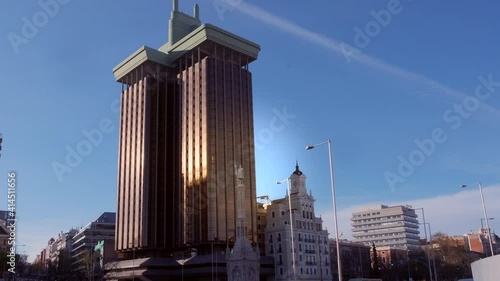 Madrid. Spain. Plaza de Colon. Christopher Columbus square. Tracking shot in Slow motion photo