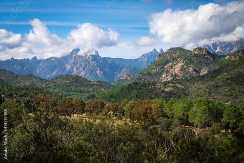 Beautiful view to a valley and the mountains of Bavella, Corse, France
