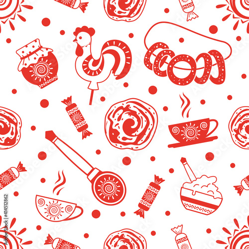 Russian Pancake day. Seamless pattern. Vector isolated on a white background.	
