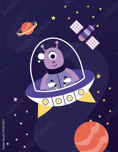 alien flying in ufo space scene
