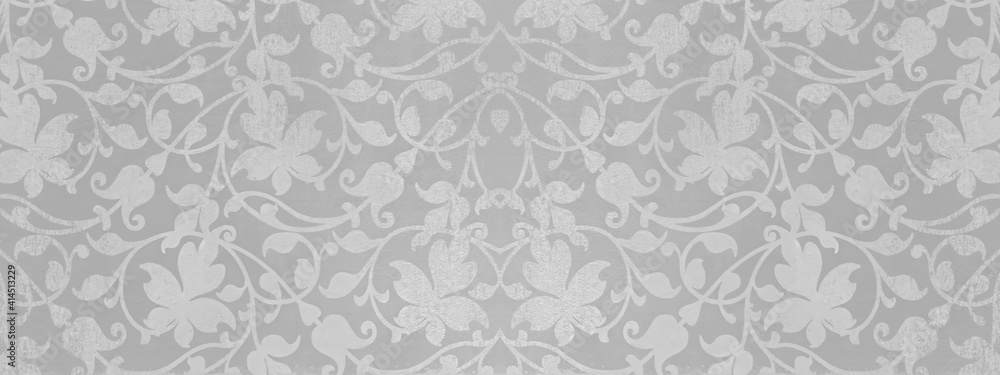 Old gray white vintage shabby damask floral flower patchwork tiles stone concrete cement wallwallpaer texture background banner panorama