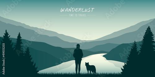 wanderlust girl and dog by the river in green nature vector illustration EPS10