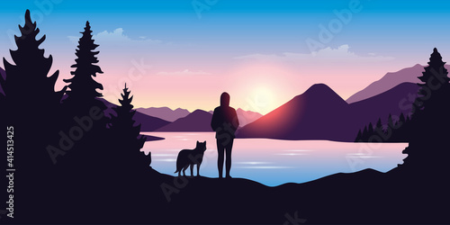 wanderlust girl and dog by the river in green nature vector illustration EPS10