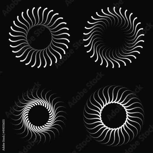 Set of white radial halftone dotted shape. Vector illustration. Design element for technology round logo, striped border frame, blackout tattoo, prints, monochrome pattern and abstract background