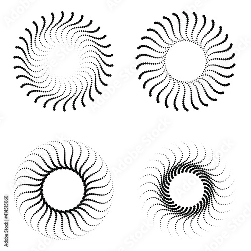 Set of black radial halftone dotted shape. Vector illustration. Design element for technology round logo  striped border frame  tattoo  prints  monochrome pattern and abstract background