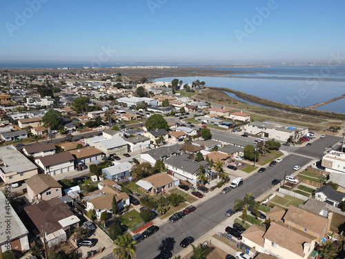 Aerial view of Imperial beach residential area and San Diego Bay on the background, San Diego, California, USA