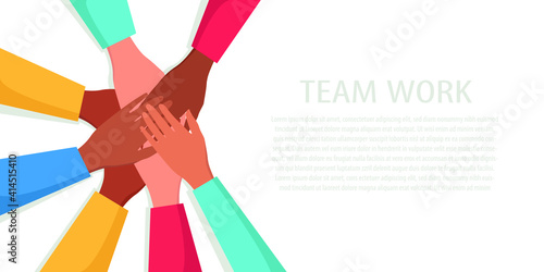A flat vector illustration of the hands of a multinational people making a gesture of unity, cohesion and support. A stack of hands and space for text. 