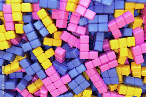 Tetris game pieces 3D render. Blocks falling with speed from the top to the ground and bouncing with realistic physics. Tetris pieces fill all the space unorganized. photo