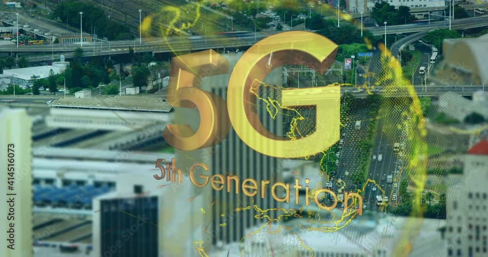 Animation of 5g 5th generation text over globe and cityscape in background Animation of 5g 5th generation text over globe and cityscape in background