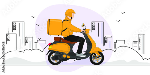 Food delivery moto scooter driver with orange backpack behind back is on his way to deliver food. Courier on scooter delivering food.