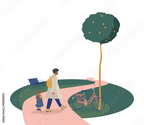 Father and daughter walk on the park