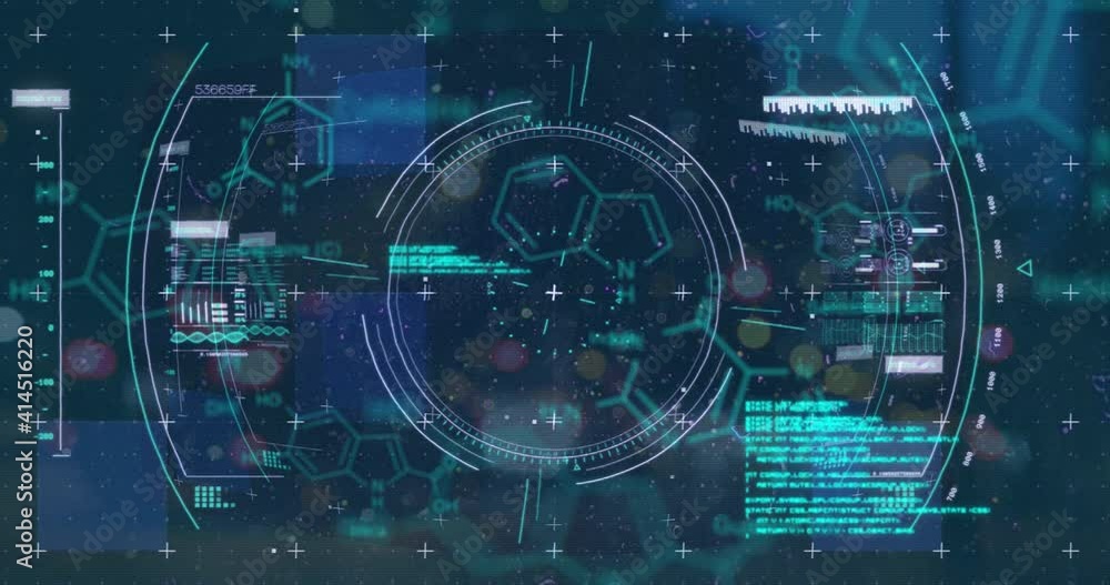 Animation of scope scanning and chemical structural compounds data processing in background Animation of scope scanning and chemical structural compounds data processing in background