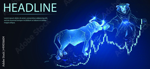 Bull and Bear symbols on stock market with stock schedule. Digital low poly wireframe of futuristic vector. Finance and business concept. 