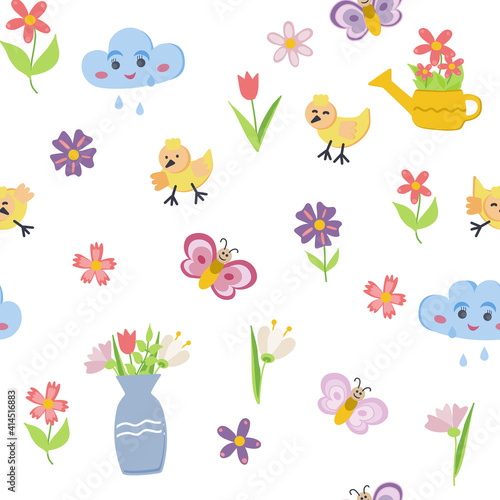 Set of retro style flowers, butterflies, birds and hearts in bright, pretty Spring colors. Cute spring garden and nature elements for girls, isolated on white for greeting cards, Easter, Mothers Day.