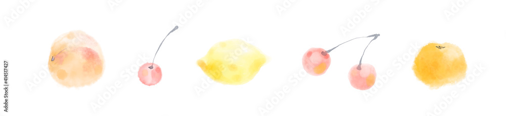 Hand drawn watercolor fruit set, ink illustration of peach, orange, lemon and cherry. Aquarelle sketch collection of summer organic food isolated on white background. Hand drawn watercolor fruit set, ink illustration of peach, orange, lemon and cherry. Aquarelle sketch collection of summer organic food isolated on white background.