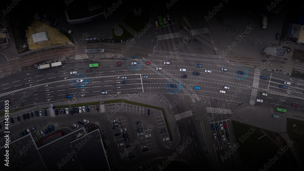 Smart self-driving autonomous cars in urban traffic - the concept of the Internet of Things. Artificial intelligence drives cars in urban traffic. Smart self-driving autonomous cars in urban traffic - the concept of the Internet of Things. Artificial intelligence drives cars in urban traffic.