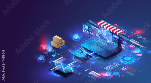 Shopping Online on Website or Mobile Application. Online store via mobile laptop or phone. Digital marketing. Internet store checkout procedure concept. Credit card payment transaction via app. Vector