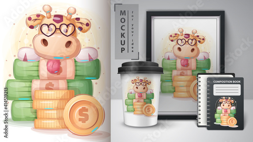 Giraffe banker poster and merchandising.