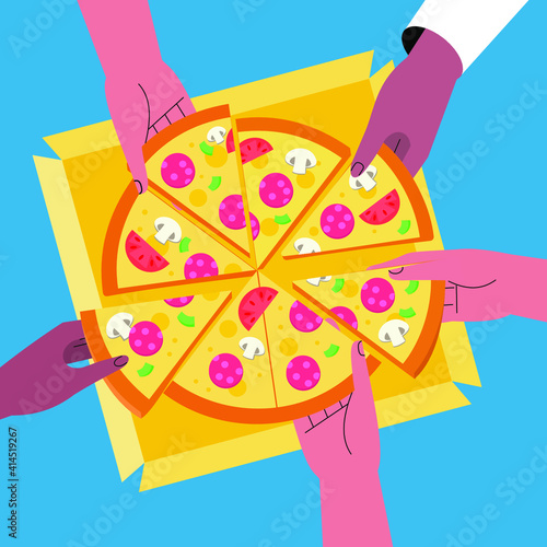 Round big pizza, slices triangle. People having dinner together and sharing a huge pizza. Hands top view. Family party. Dinner with friends. Traditional italian fast food.