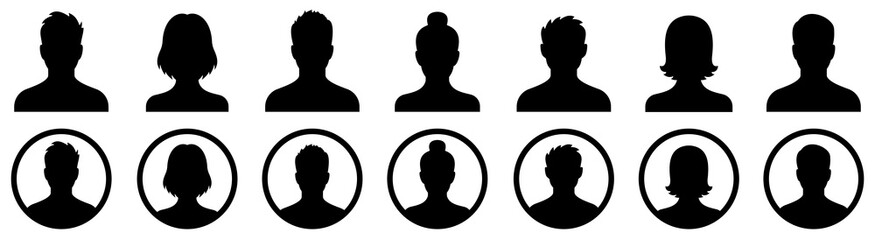 Profile icon. Avatar icons set. Male and female head silhouettes. Vector
