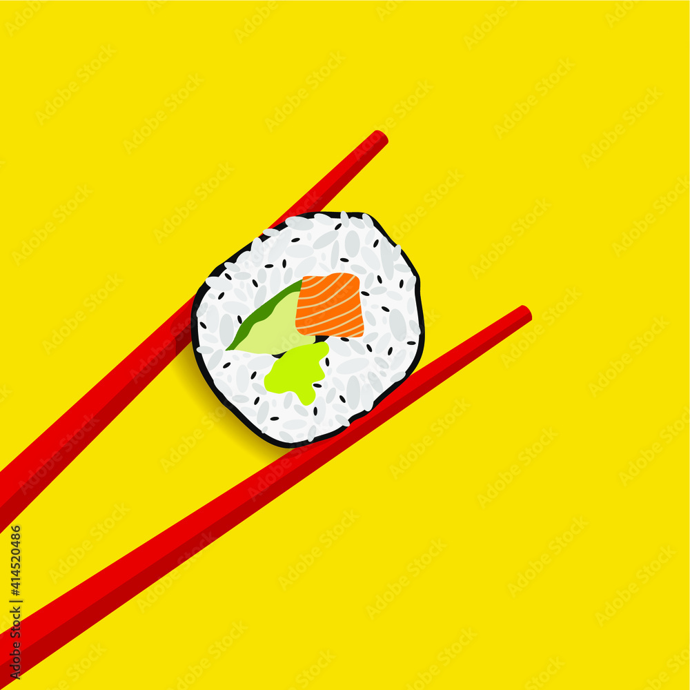 Chopsticks Holding Sushi Roll. Wooden chopsticks and sushi roll on yellow background. Vector illustration. Chopsticks Holding Sushi Roll. Wooden chopsticks and sushi roll on yellow background. Vector illustration.
