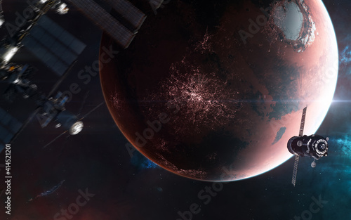 Inhabited Mars. Space station blurred in motion against backdrop of red planet of solar system. 3D render. Science fiction. Elements of this image furnished by NASA