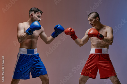 Athletic guys boxers with bare fit torsos fighting in boxing gloves in blue red studio light, mixed fight concept © Georgii
