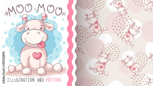 Cute teddy cow - seamless pattern