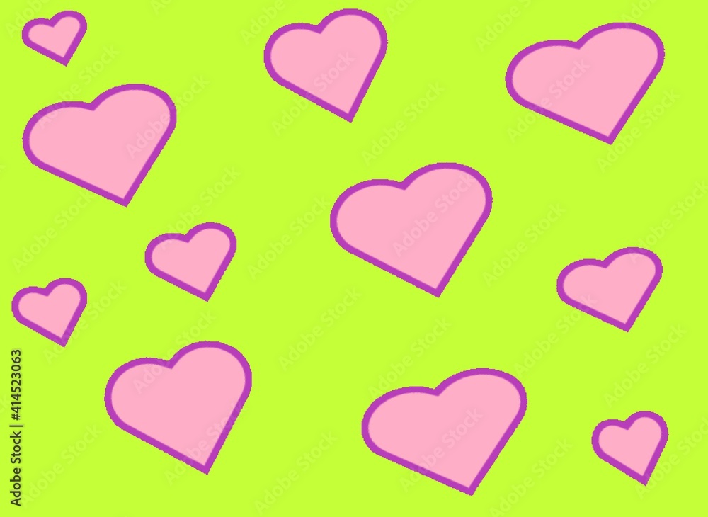 many hearts of different sizes in purple on a light green background