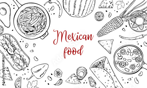 Mexican food illustration. Top view on traditional dishes and vegetables. Hand drawn outline vector sketch illustration. Black on white background