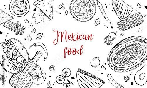 Mexican food composition with traditional dishes and ingredients. Hand drawn outline vector sketch illustration. Black on white background