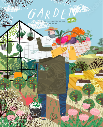 Garden and gardener. Vector illustration of a male farmer growing plants and harvesting crops on the farm among the field, landscape and greenhouse. Drawing for poster or postcard