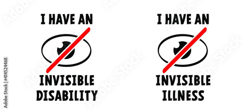 Disable eye hide. Unseen sign icon. Invisible illness. Medical condition, visible signs or symptoms, that isn't easily visible to others.  Visible, sleep and medicine supervision observe, eyesight.